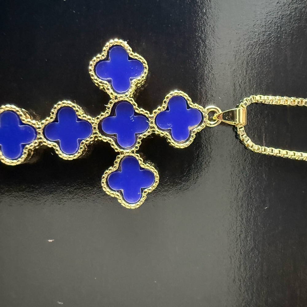 Gold Cross Pendant Necklace with Royal Blue Enamel